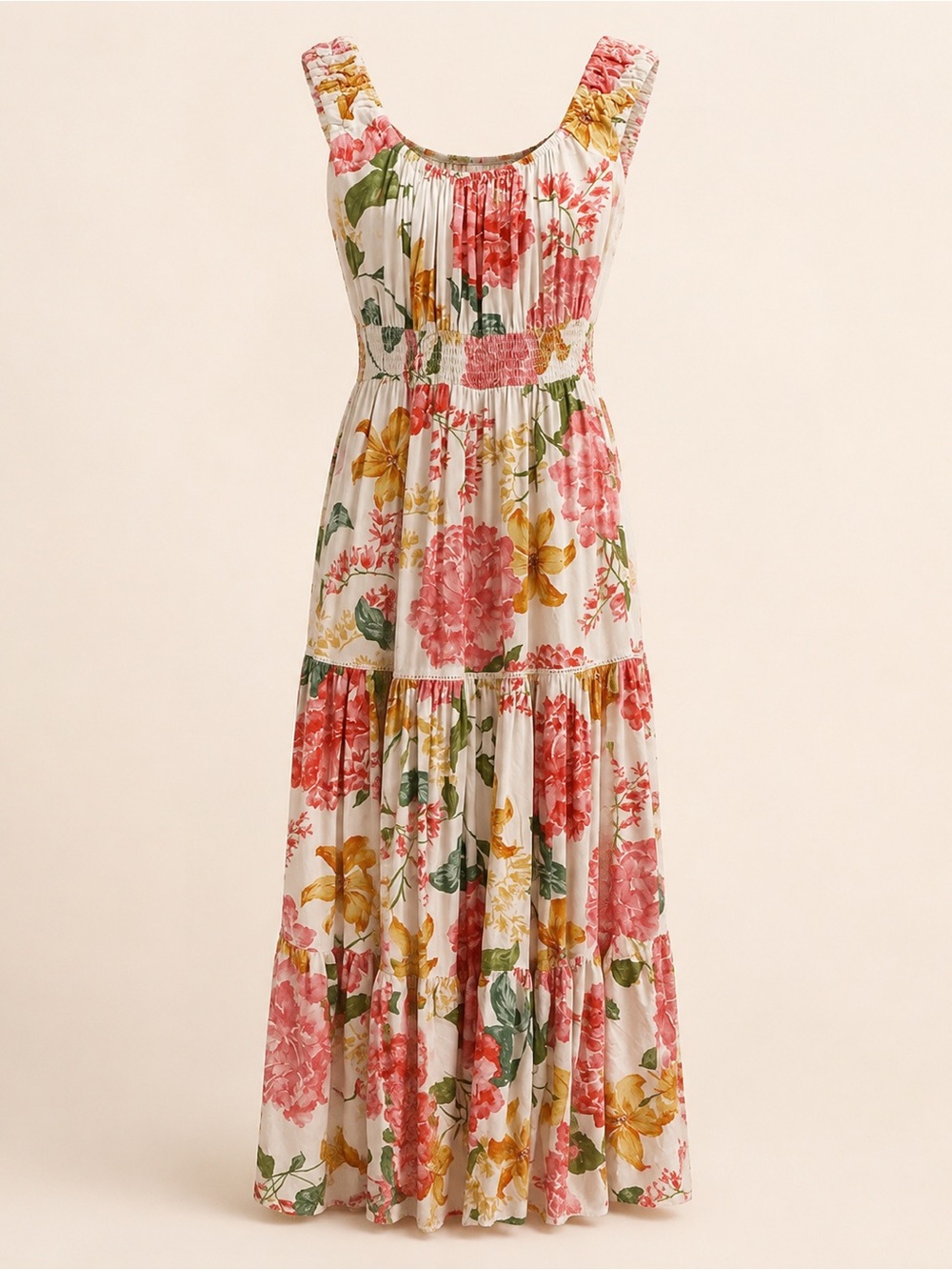 Abel The Label Floral Tiered Maxi Dress XS Smocked Waist